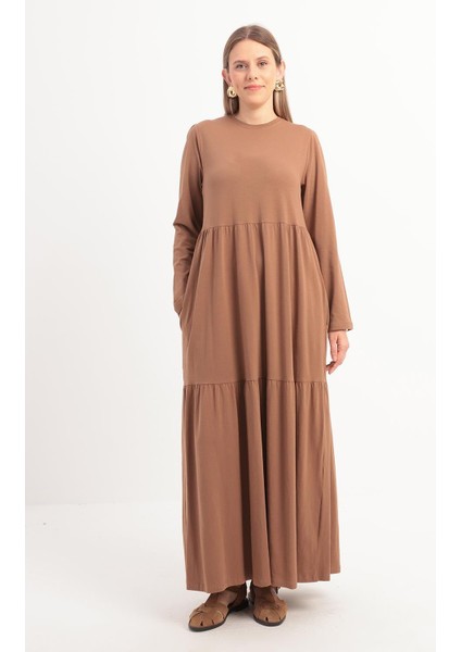 Vizon-Pamuklu Fırfırlı Cepli Likralı Penye Elbise fiyatları