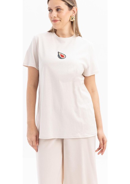 Taş-Kısa Kollu Nakış Detaylı Süprem Tshirt