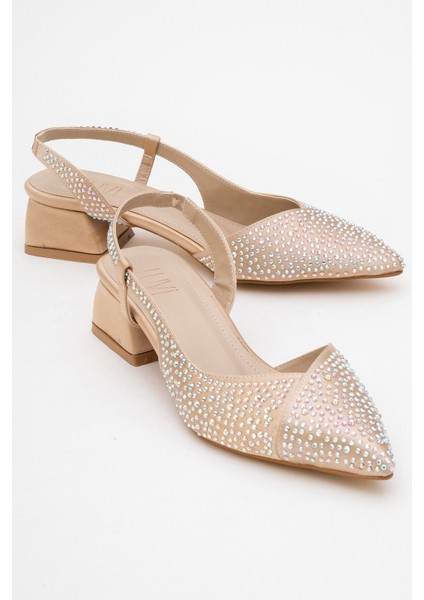 Sella Bej Saten Taşlı Kadın Kısa Topuklu Ayakkkabı