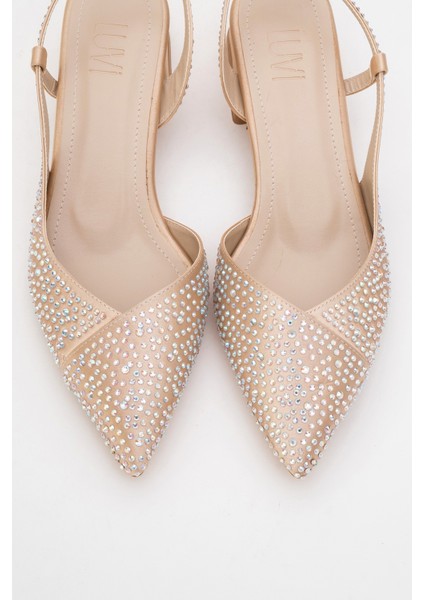 Sella Bej Saten Taşlı Kadın Kısa Topuklu Ayakkkabı fiyatları