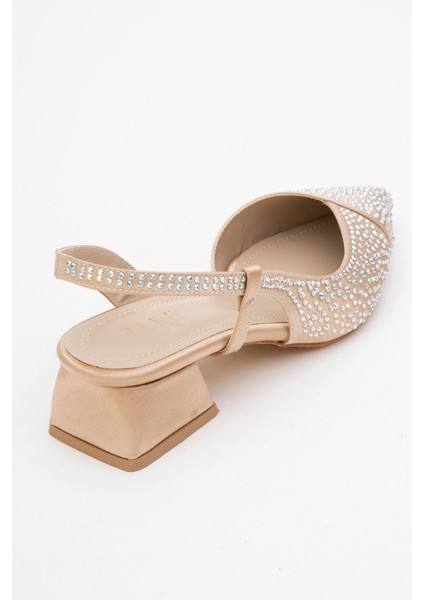Sella Bej Saten Taşlı Kadın Kısa Topuklu Ayakkkabı indirimleri