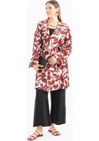 Bordo-Taş-Kruvaze Yaka Desenli Kuşaklı Kimono