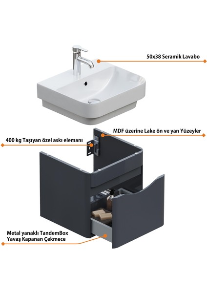 Piccolo 2.0 Alt Dolap 57 Cm. Antrasit Gri Parlak-Lavabo Dahil indirimleri