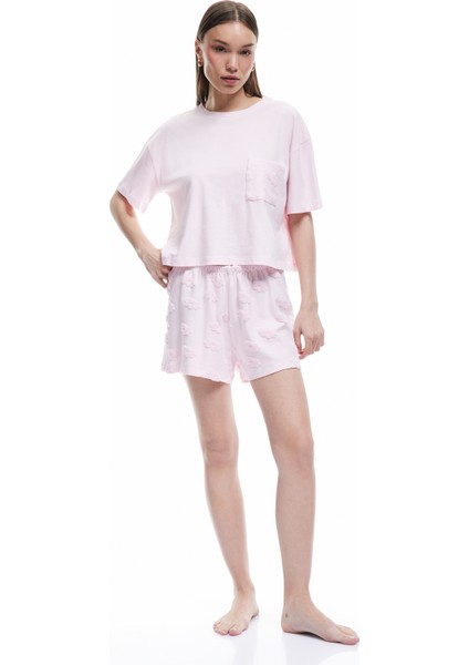 Yeni Sezon Pamuklu Bisiklet Yaka Kısa Kollu Çiçekli Şortlu Pijama Takımı
