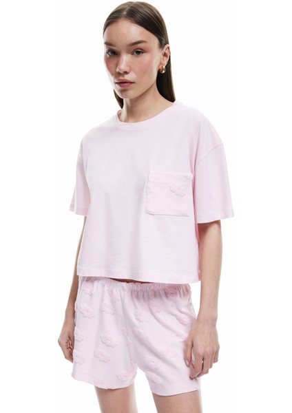 Yeni Sezon Pamuklu Bisiklet Yaka Kısa Kollu Çiçekli Şortlu Pijama Takımı