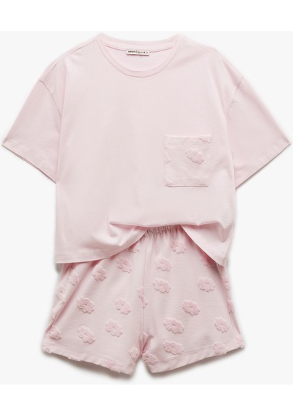 Yeni Sezon Pamuklu Bisiklet Yaka Kısa Kollu Çiçekli Şortlu Pijama Takımı