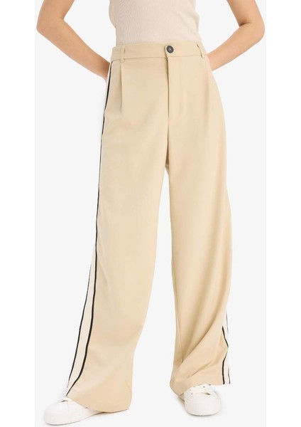Yeni Sezon Wide Leg Kumaş Palazzo Pantolon Fermuarlı Normal Bel Standart Boy Geniş Bol Paça