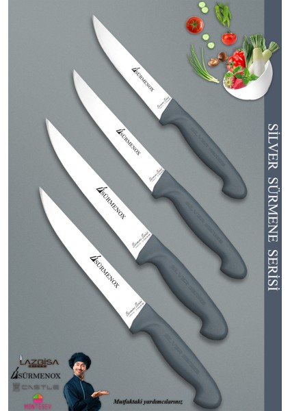 Sürmene Silver Serisi Gri Sap Mutfak Bıçak Seti Et Ekmek Sebze Meyve Kesme Bıçağı 4 Lü Set (SRM-013)