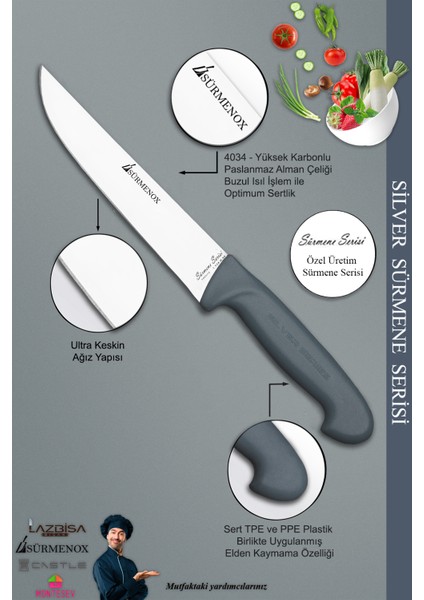 Sürmene Silver Serisi Gri Sap Mutfak Bıçak Seti Et Ekmek Sebze Meyve Kesme Bıçağı 4 Lü Set (SRM-013) modelleri