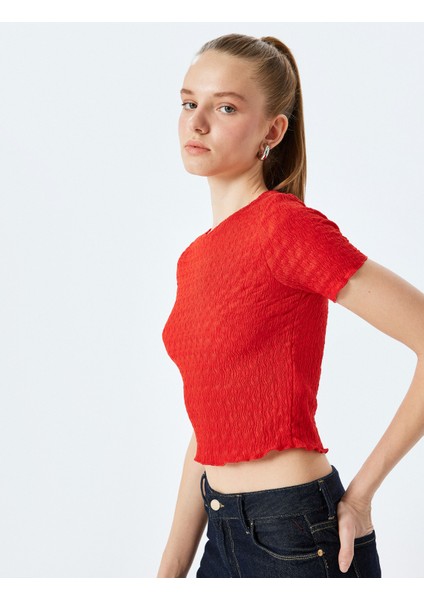 Yeni Sezon Basic Kısa Kollu Bisiklet Yaka Dokulu Crop Tişört Bürümcük fiyatları