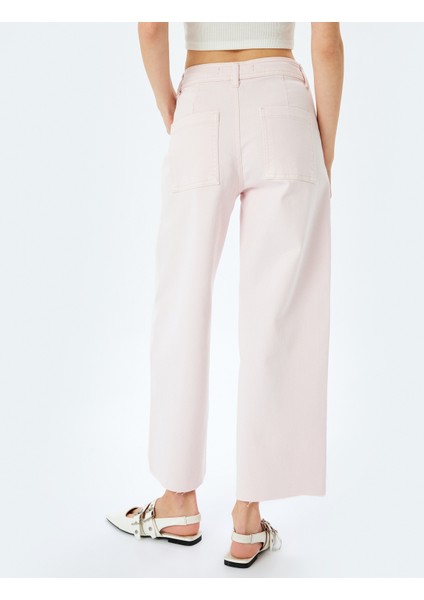 Yeni Sezon Cep Detaylı Düğmeli Pamuklu Crop Geniş Paça Denim Pantolon - Culotte Jean fırsatları