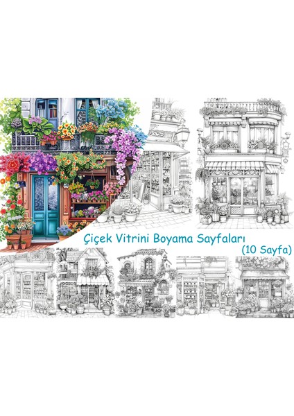 Çiçek Vitrini Boyama Sayfaları, (10 Adet A4 Boyut).