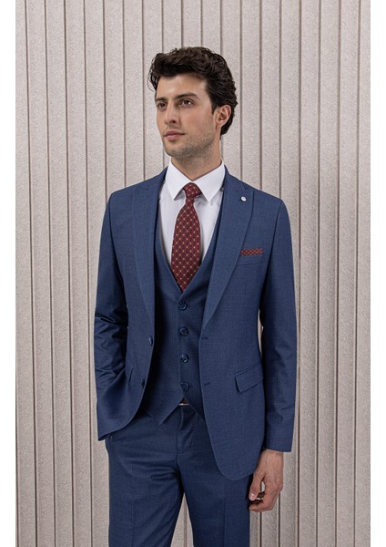 Erkek Likralı Slim Fit Sivri Yaka Yelekli Takım Elbise