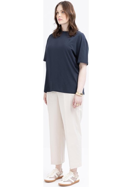 Indigo-Kısa Kollu Nakış Detaylı T-Shirt