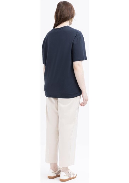Indigo-Kısa Kollu Nakış Detaylı T-Shirt