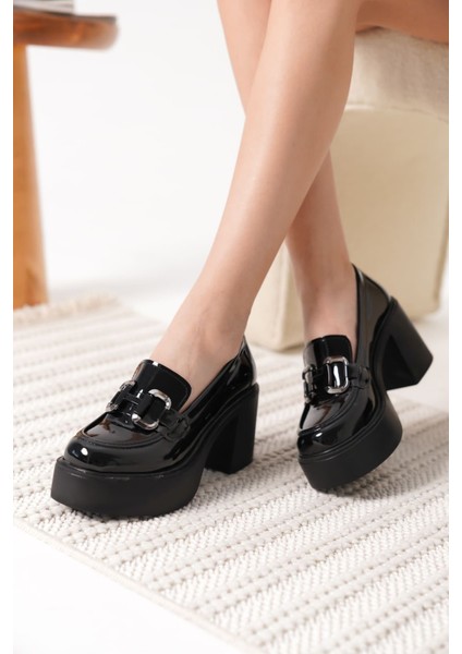 Felice Premium Siyah Rugan Gümüş Tokalı Kadın Loafer indirimleri