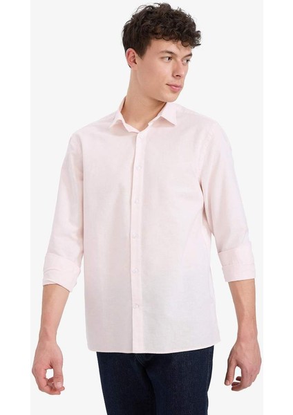 Yeni Sezon Regular Fit Polo Yaka Keten Yazlık Uzun Kollu Gömlek fırsatları