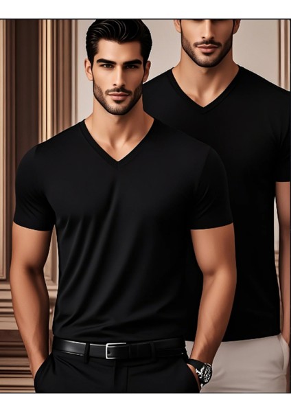 2li Beyaz Renk Erkek V Yaka T-Shirt Günlük Spor Tişört