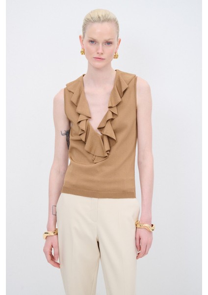 Volanlı Triko Bluz Camel 11545169000