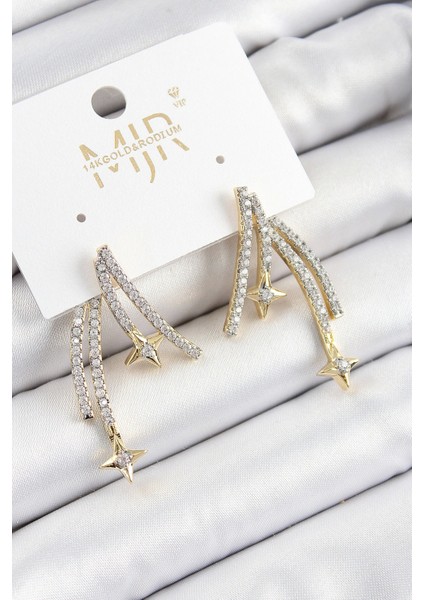 Pirinç Zirkon Taşlı Kayan Yıldız Model Gold ve Gümüş Renk Kadın Küpe