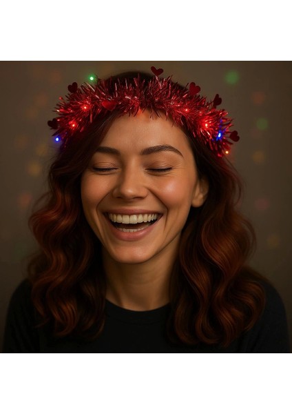 Kalp Püsküllü Gece Parıltısı 3 Modlu LED39LI Işıklı Taç Kırmızı Renk