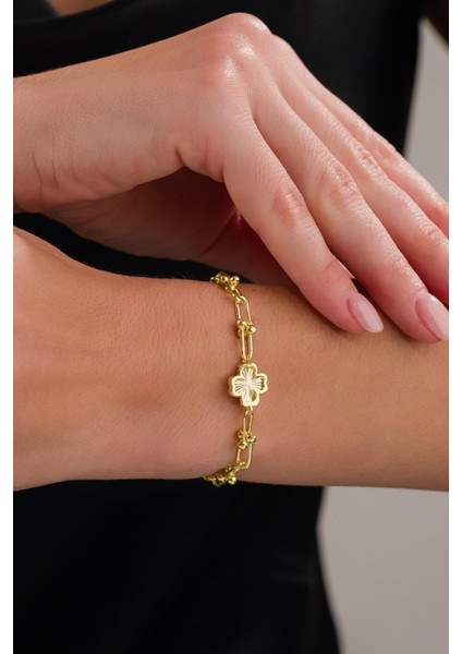 Gümüş Altın Gold Kaplama Yonca Çiçek Lazer Işlemeli Taşsız Bileklik