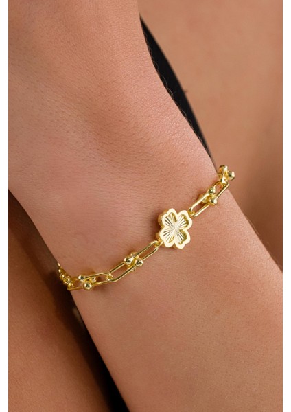 Gümüş Altın Gold Kaplama Yonca Çiçek Lazer Işlemeli Taşsız Bileklik modelleri