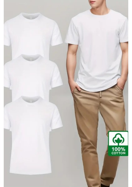 Beyaz Beyaz Beyaz 3'lü Basic Bisiklet Yaka T-Shirt