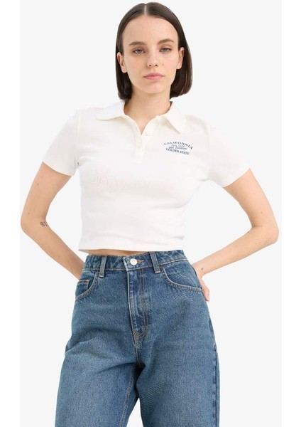 Yeni Sezon Coool Fitted Baskılı Ribana Kısa Kollu Polo Beyaz Tişört modelleri