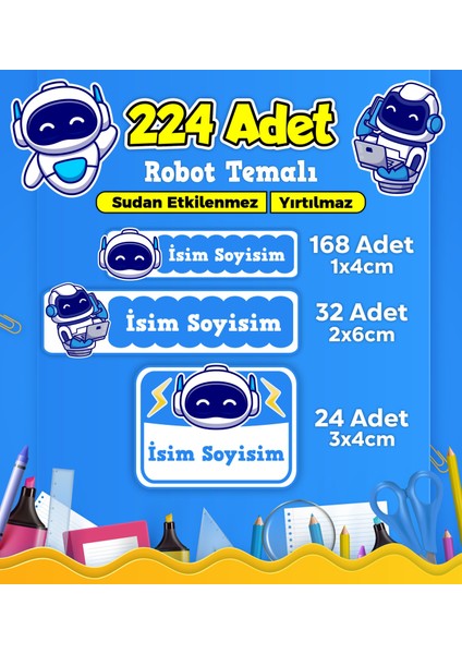 Robot Temalı Okul Kreş Kişiye Özel Isim Etiket Seti - Model 436