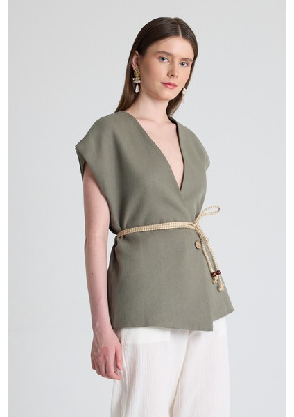 Olive Yeşili Hasır Kemerli V Yaka Kısa Kollu Ceket Yelek 2378