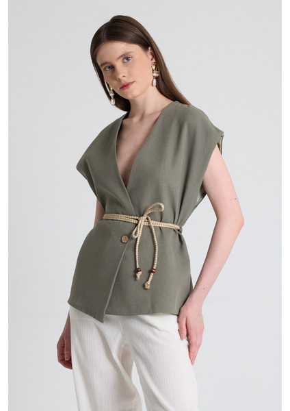Olive Yeşili Hasır Kemerli V Yaka Kısa Kollu Ceket Yelek 2378 fiyatları