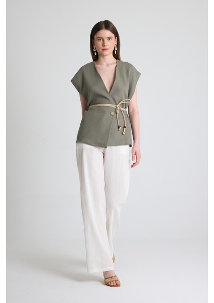 Olive Yeşili Hasır Kemerli V Yaka Kısa Kollu Ceket Yelek 2378 modelleri