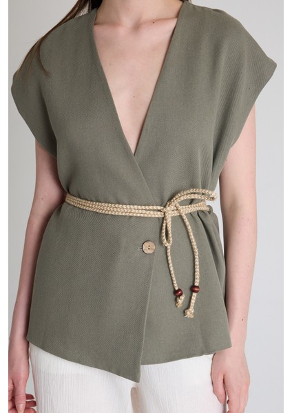 Olive Yeşili Hasır Kemerli V Yaka Kısa Kollu Ceket Yelek 2378 fırsatları