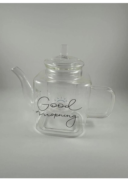 Good Morning Yazılı Köşeli Formlu Kapaklı Cam Şık Mini Demlik Bitki Çayı Demlik 400ML