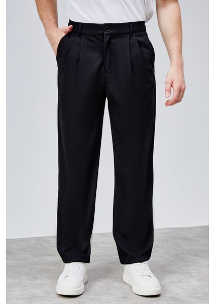 Erkek Siyah Çift Pileli Rahat Kesim Beli Lastikli Bol Paça Baggy Pantolon ALBERT-1988