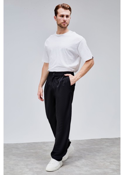 Erkek Siyah Çift Pileli Rahat Kesim Beli Lastikli Bol Paça Baggy Pantolon ALBERT-1988 fiyatları