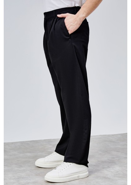 Erkek Siyah Çift Pileli Rahat Kesim Beli Lastikli Bol Paça Baggy Pantolon ALBERT-1988 modelleri