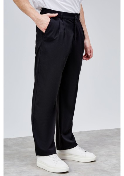 Erkek Siyah Çift Pileli Rahat Kesim Beli Lastikli Bol Paça Baggy Pantolon ALBERT-1988 fırsatları