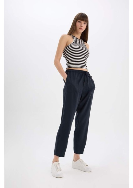 Yeni Sezon Straight Fit Çift Cepli Yüksek Bel Düz Paça Modal Kumaş Pantolon indirimleri