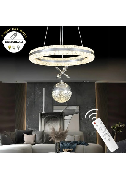 Pırıltı Krom Kumandalı 3 Renk Ledli Çift Yönlü Aydınlatmalı Lüks Tasarım Ledli Avize Çap 40 cm LED Avize