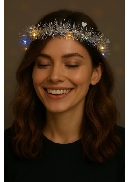 Kalp Püsküllü Gece Parıltısı 3 Modlu LED39LI Işıklı Taç Gümüş Renk