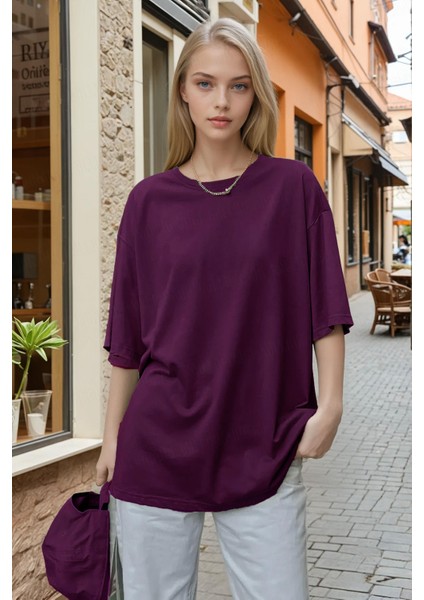 Kadın Mürdüm Basic Düz Baskısız Oversize Salas T-Shirt