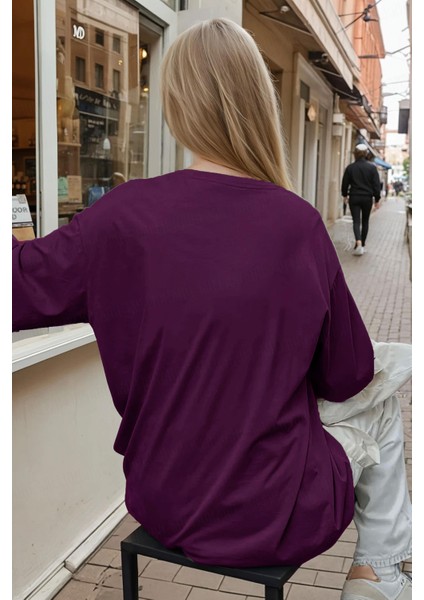 Kadın Mürdüm Basic Düz Baskısız Oversize Salas T-Shirt fiyatları
