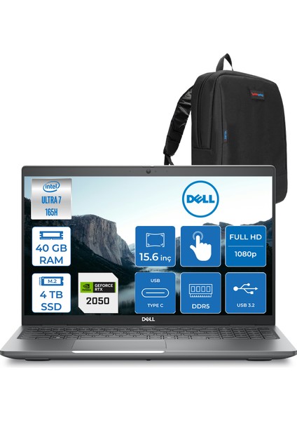 Latitude 5550 Intel Core Ultra 7 165H 40GB Ddr5 4tb SSD Nvidia RTX2050 4gb Freedos Dokunmatik 15.6" Fullhd Taşınabilir Bilgisayar XCTOL5550UBUU7165F20 + Zetta Çanta