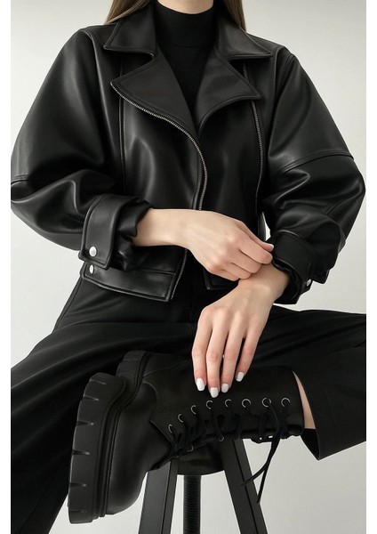 Suni Deri Balon Kol Biker Ceket