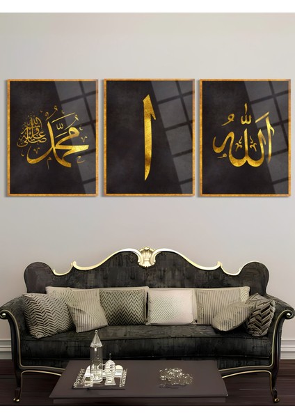 Allah Muhammed Elif 3'lü Set Dini Cam Tablo - Dini Tablolar-Islami Cam Tablo-Islami TABLO-ISL031