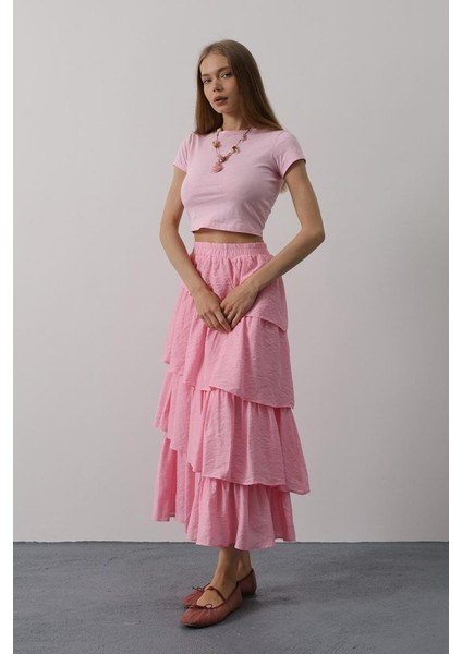 Katlı Kesim Uzun Etek - Pembe