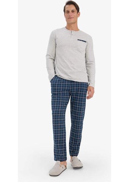 Yeni Sezon Regular Fit Pijama Takımı Uzun Kollu Üst Kareli Uzun Alt