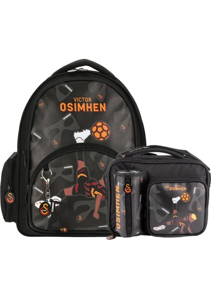 3 Bölmeli Victor Osimhen Suni Deri Okul Çantası + Beslenme Çantası